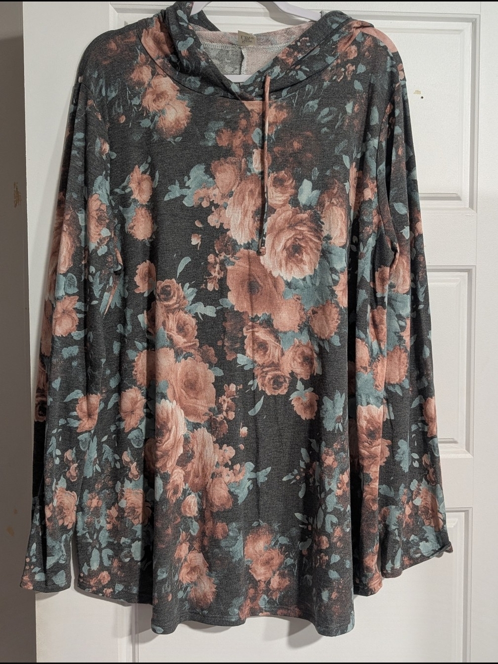 Sew In Love Charcoal Hooded Top with Peach Rose Print